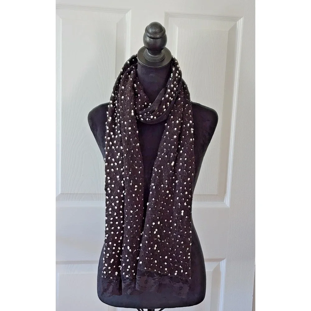 Black & White Lightweight Boucle Scarf with Lace Trim Size 78